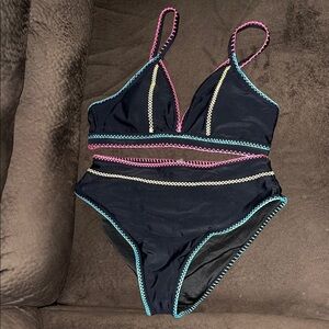 Popvil Black Bikini with Pink, Teal & Yellow Stitching